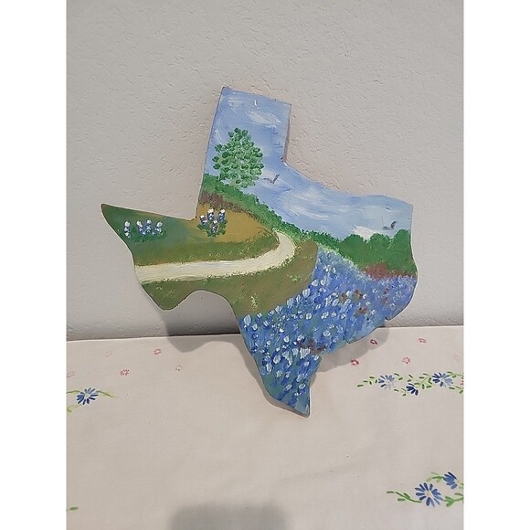 Texas Vtg Handpainted Spring In Texas Bluebonnets Wood Wall Decor unsigned - Picture 4 of 7